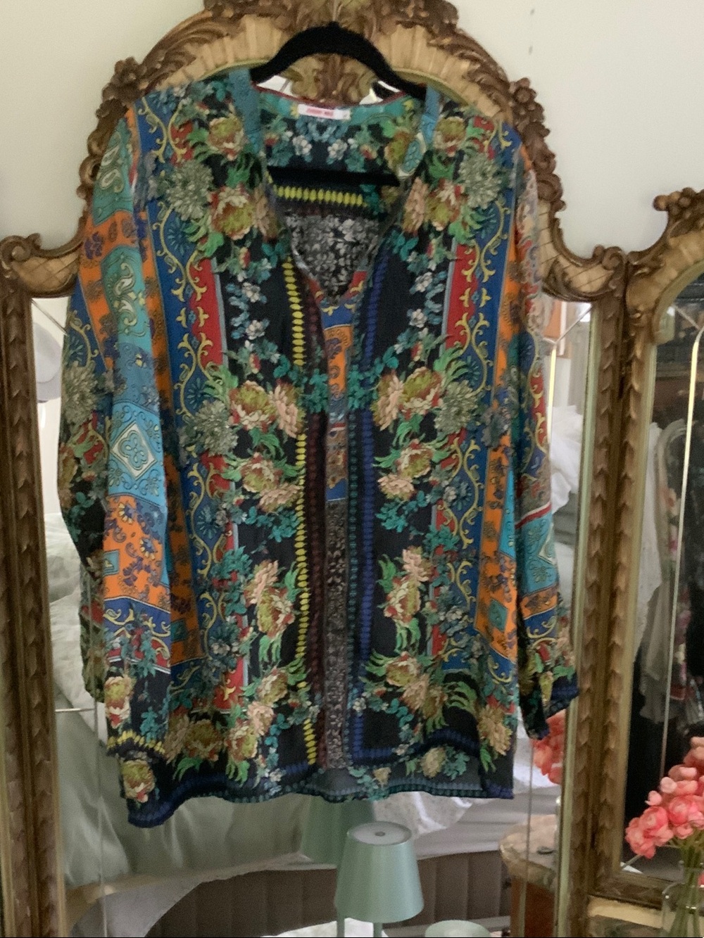 Johnny Was Teal, Navy & Green Floral Boho Top